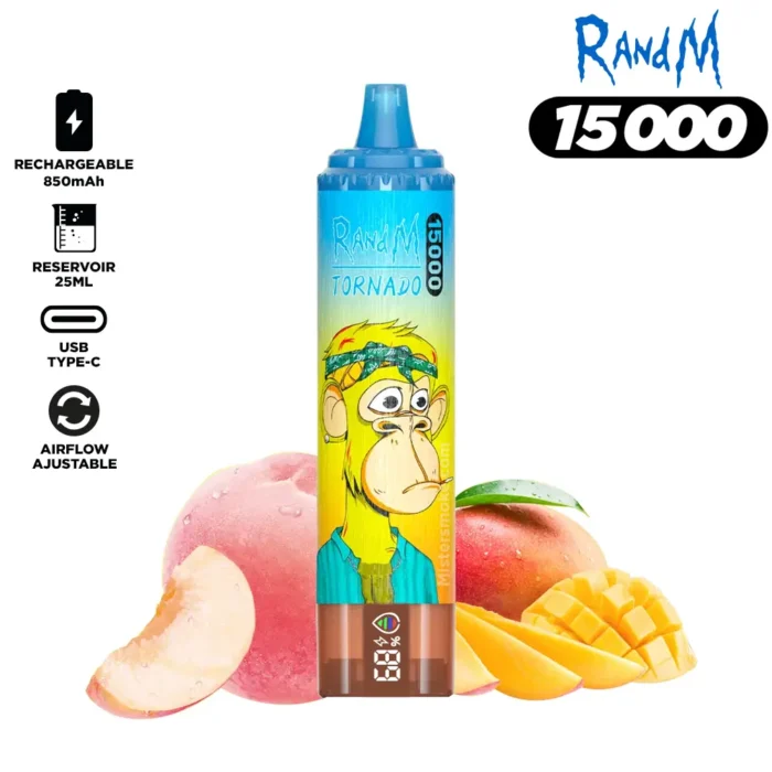 RandM Tornado 15000 Züge Peach Mango Flavor,Rechargeable, Mesh Coil, 25ml E-Liquid,Günstig im Einzelhandel,Lieferung in 5-7 Tagen (1)