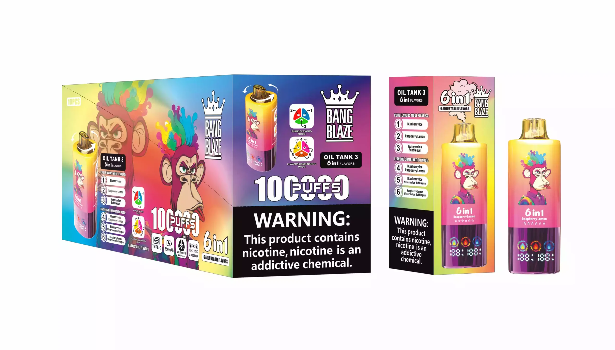 Bang Blaze 100000 Puffs 6 in 1 Flavors 100K Disposable Vape Blueberry Ice and Raspberry Lemon and Watermelon Bubblegum Bang Blaze 100000 Puffs
