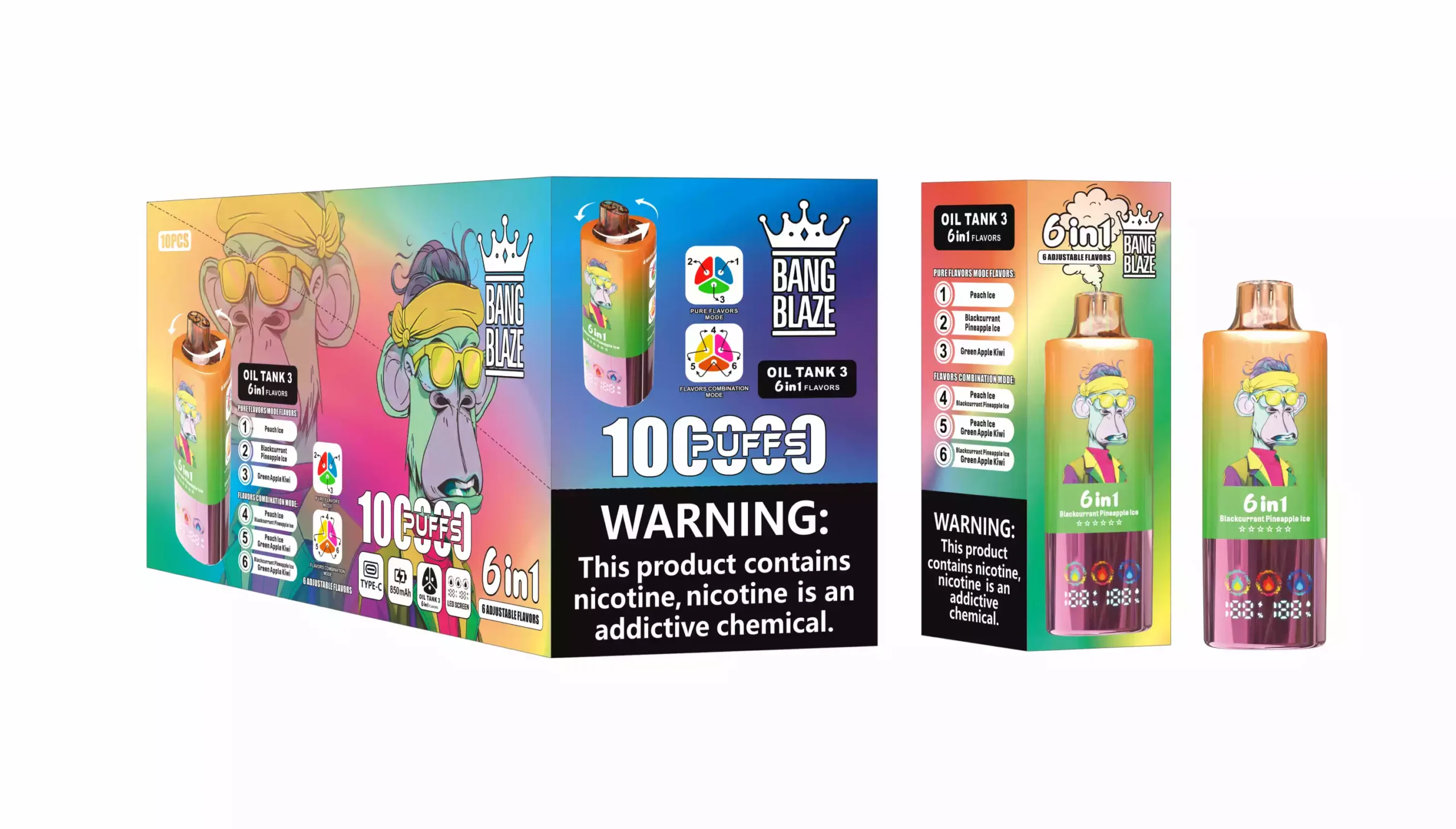Bang Blaze 100000 Puffs 6 in 1 Flavors 100K Disposable Vape Peach Ice and Blackcurrant Pineapple Ice and Green Apple Kiwi Bang Blaze 100000 Puffs