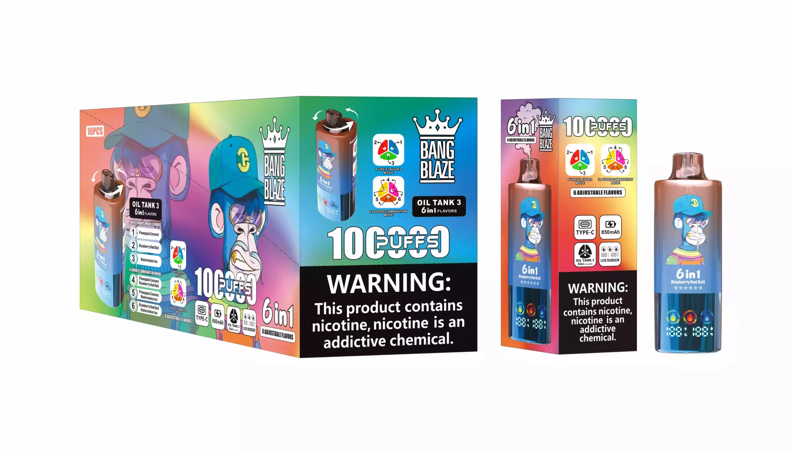 Bang Blaze 100000 Puffs 6 in 1 Flavors 100K Disposable Vape Pineapple Coconut and Blueberry Red Bull and Watermelon Ice Bang Blaze 100000 Puffs