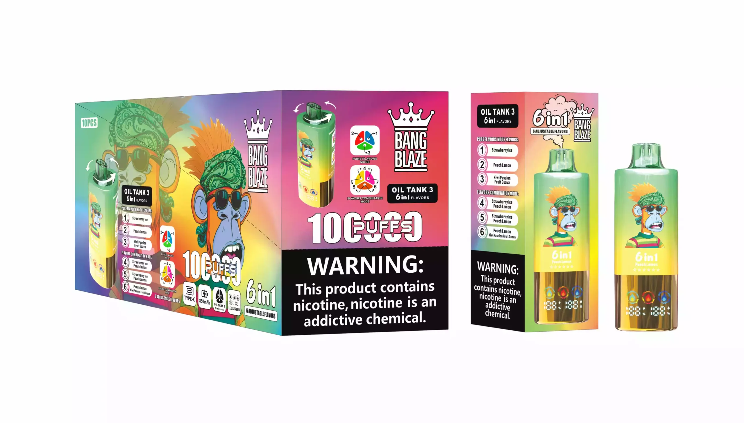 Bang Blaze 100000 Puffs 6 in 1 Flavors 100K Disposable Vape Strawberry Ice and Peach Lemon and Kiwi Passion Fruit Guava Bang Blaze 100000 Puffs